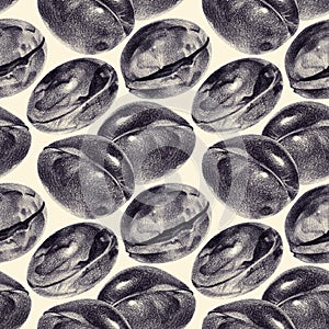 Seamless pattern with plums drawn by hand with pencil