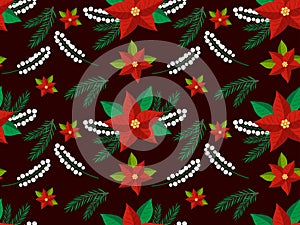 Seamless pattern with poinsettia, fir branch, Christmas flower, Christmas floral arrangement. Vector illustration on a