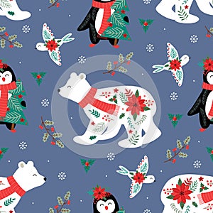 Seamless pattern with  with polar bear, bird, penguin
