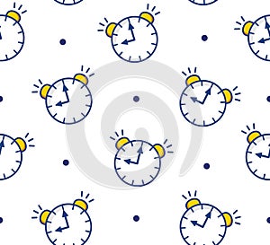 Seamless pattern in polka dot with alarm clock on white background. Thin line flat design. Vector