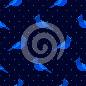 Seamless pattern in polka dot with blue jay. Ornament for textile and wrapping.