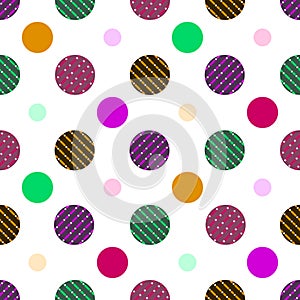 Seamless pattern of polka dots with striped lines