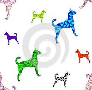Seamless pattern with polygonal triangle dogs of different colors on white background
