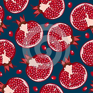 Seamless pattern pomegranate fruits and seeds on dark green background, Fresh organic food, Red ruby fruits pattern