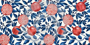 Seamless pattern with pomegranate fruits and seeds illustration. Design for cosmetics, spa, pomegranate juice, health