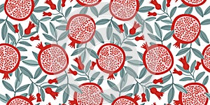 Seamless pattern with pomegranate fruits and seeds illustration. Design for cosmetics, spa, pomegranate juice, health