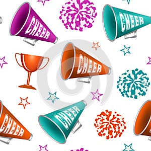 Seamless pattern with pompoms, cup, stars and megaphones