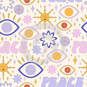 Seamless pattern Pop Color Style Flat Design 70s. Cool trendy retro of hipster retro cool psychedelic elements. Trend