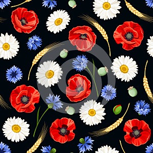 Seamless pattern with poppies, daisies and cornflowers. Vector illustration.