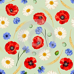 Seamless pattern with poppies, daisies and cornflowers. Vector illustration.