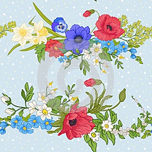 Seamless pattern with poppy flowers, daffodils, anemones, violet