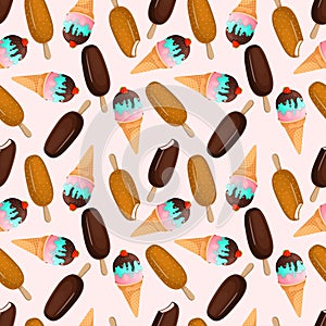 Seamless pattern with popsicle on a stick and ice cream in a strawberry cone. Vector illustration of chocolate and milk