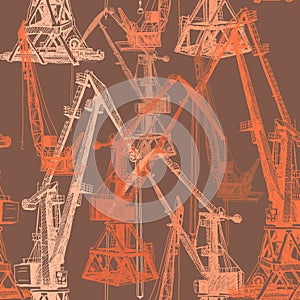 Seamless pattern Port crane machinery Building Tower construction. Hand drawn sketch illustration. Beige orange silhouette on