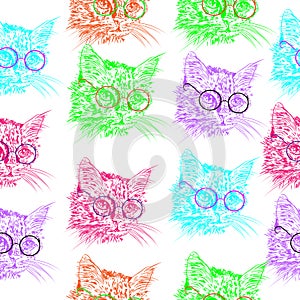 Seamless pattern portrait of a cat drawn by brush in illustrator