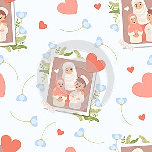 Seamless pattern with portrait islamic family. Muslim woman mother with daughter and son on white background with hearts