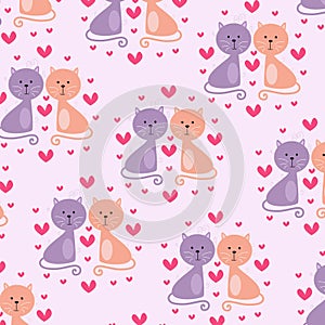 Seamless pattern. Portrait of two cute cats in love. pattern For valentine, print, packaging, decoration