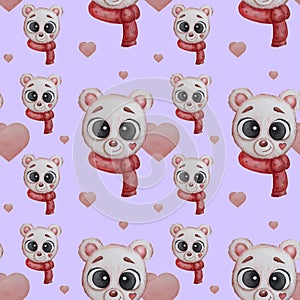 Seamless pattern. Portrait of a white polar bear in a red scarf on light background with hearts. Watercolor. Cute animal for kids