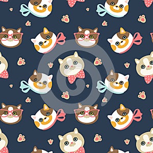 Seamless pattern with portraits of domestic cats of different types on a dark backgroun