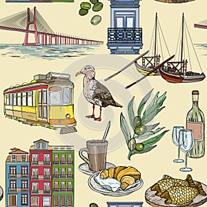Seamless pattern with Portugal landmarks.
