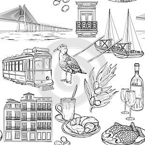 Seamless pattern with Portuguese sketches