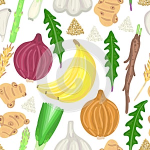 Seamless pattern with prebiotic food. Nutrition. Nondigestible fibers. Gastrointestinal Health. Healthy diet supplement