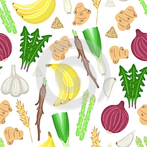 Seamless pattern with prebiotic food. Nutrition. Nondigestible fibers. Gastrointestinal Health. Healthy diet supplement