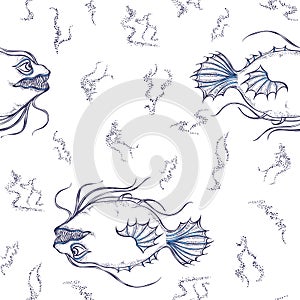 Seamless pattern with predatory fish and seaweed