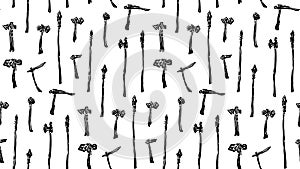 Seamless pattern of prehistoric tools and weapons vector illustration with hammers, axes, spears. Endless hand drawn grunge black