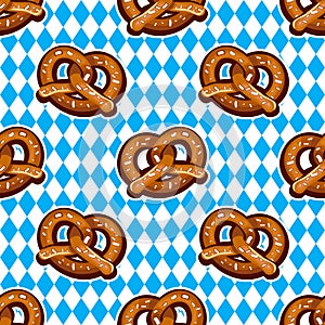 Seamless pattern with pretzels for Oktoberfest on Bavarian flag background.