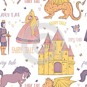 Seamless pattern with prince, princess, castle, dragon, fairy, horse. Fairy tale theme.