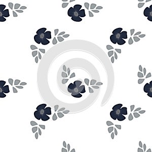 Seamless pattern, print, delicate small blue flowers and gray leaves on a white background. Textiles, bed linen.