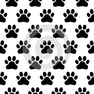 Seamless pattern of print of dogs paws on a white background