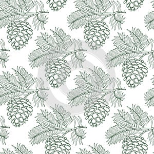 Seamless pattern, print, hand-drawn contour pine branches with cones . Natural design for textiles, wallpaper, covers