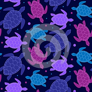 Seamless pattern. Print of pink, purple, blue turtles on dark background Can use in textile or decorative design of paper