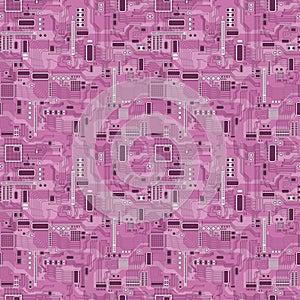 Seamless pattern of a printed circuit board with white details on a lilac background. Small scale.