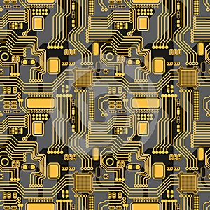 Seamless pattern of a printed circuit board with yellow details on a black background. Large scale.