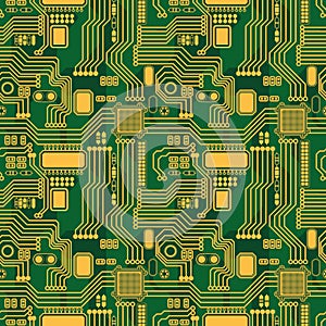 Seamless pattern of a printed circuit board with yellow details on a green background. Large scale.
