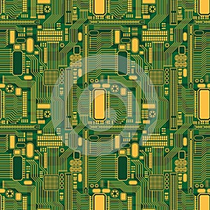 Seamless pattern of a printed circuit board with yellow details on a green background. Medium scale.
