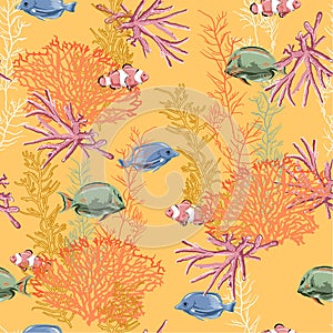 Seamless pattern prints vector Hand drawn nautical sea treasure animal and coral design for fashion,fabric,web wallpaper and all