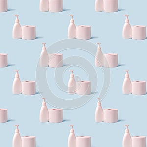 Seamless pattern, printshop, Set of toilet paper roll and liquid soap or sanitizer on blue. The deficit in supermarkets,