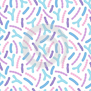 Seamless pattern with probiotics. Bifidobacterium, lactobacillus, streptococcus thermophilus, lactococcus