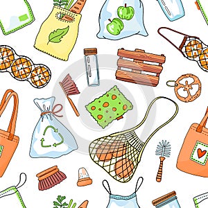 Seamless pattern with daily products at white background, eco friendly, no plastic concept