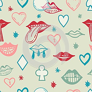 Seamless pattern with psychedelic mouth elements. Retro design of hipster icons. Doodle style graphic. Vintage trippy