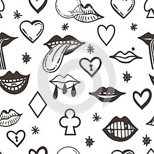 Seamless pattern with psychedelic mouth elements. Retro design of hipster icons. Doodle style graphic. Vintage trippy