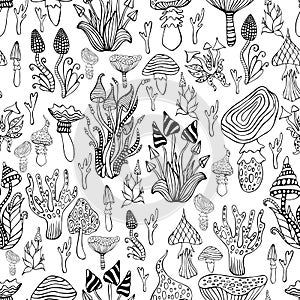 Seamless pattern with psychedelic mushroom, black and white color. Monochrome hallucinogenic fantasy mushrooms background. Each