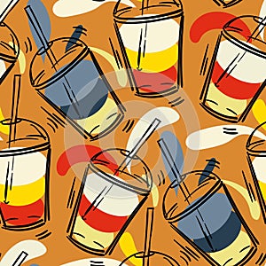 Seamless pattern with puff smoothies. A hand-drawn glass with drinks. Cute bright vector illustration. Colorful