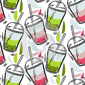 Seamless pattern with puff smoothies. A hand-drawn glass with drinks. Cute bright vector illustration. Colorful