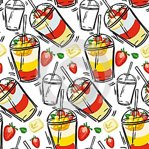 Seamless pattern with puff smoothies. A hand-drawn glass with drinks and fruits. Cute bright vector illustration