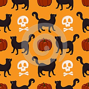 Seamless pattern with pumpkin, black cat and skull