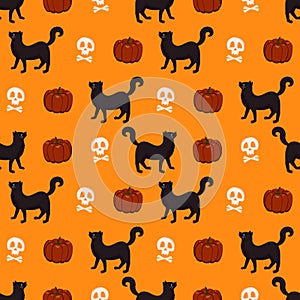 Seamless pattern with pumpkin, black cat and skull on orange background.